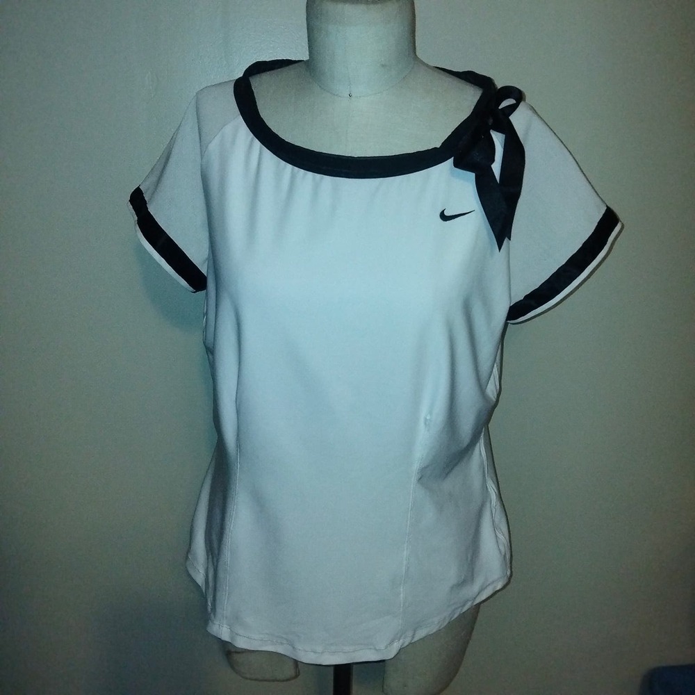Nike White & Black Dri Fit Top with Bow Shirt Blouse   L